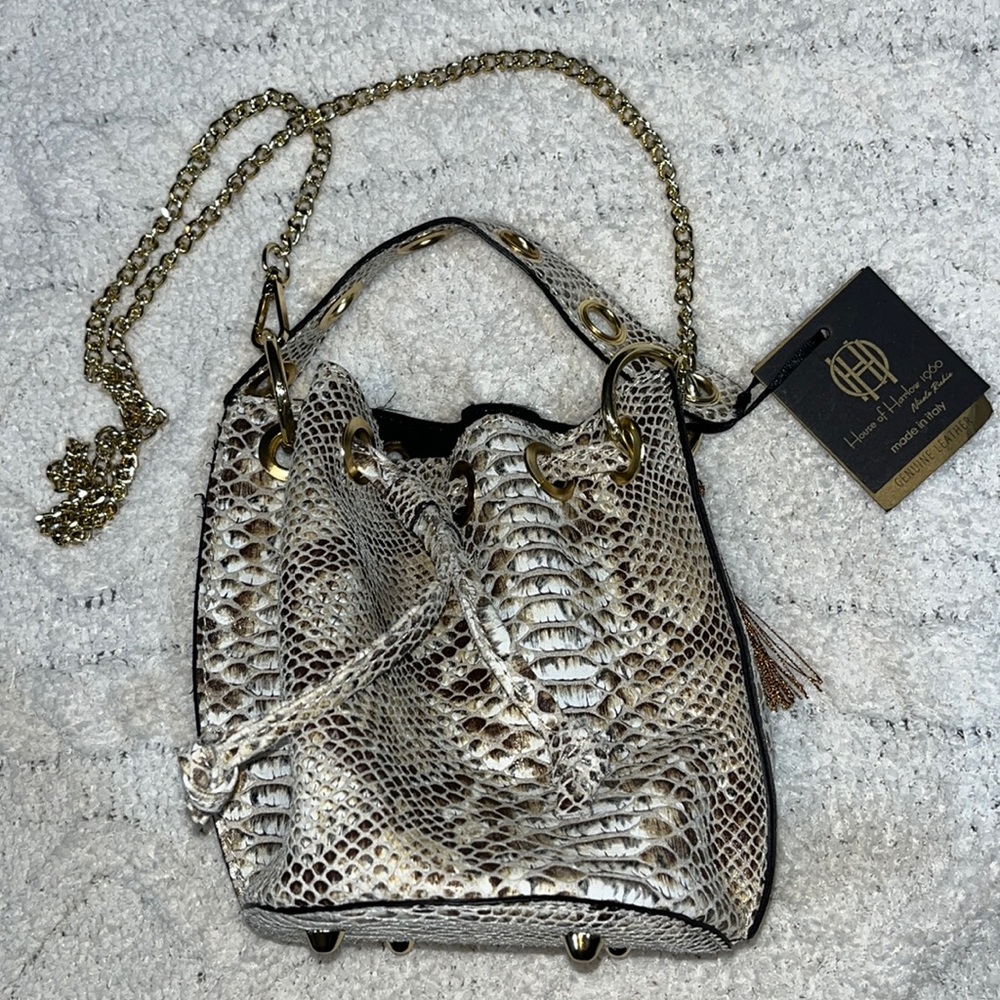 House of Harlow 1960 snakeskin and genuine leather gold chain small bucket bag
